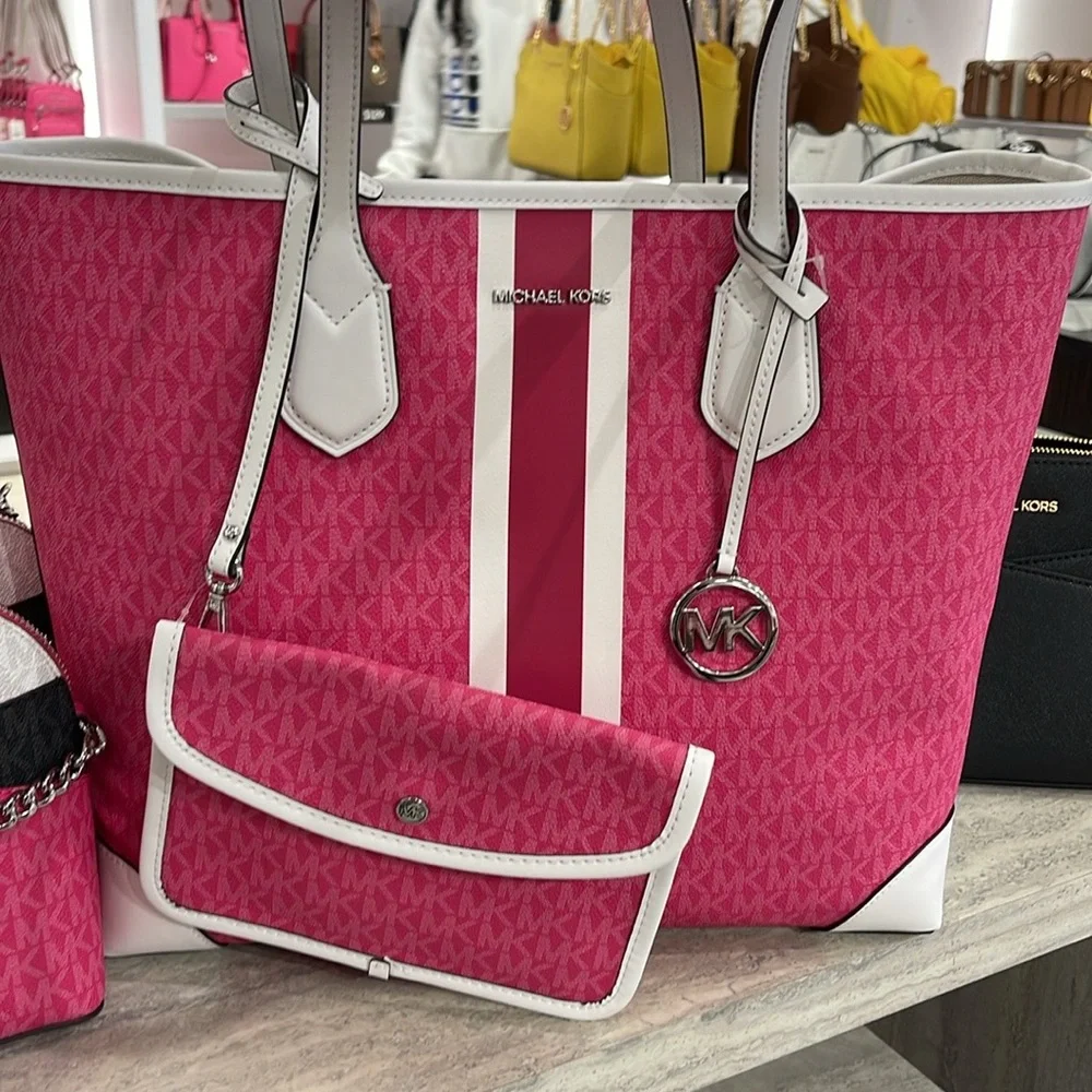 Michael Kors Eva Large Signature Logo Stripe Shoulder Tote Bag Dragonfruit 
NWT - Picture 14 of 16